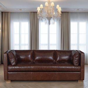 Mid Century Modern Leather Sofa for Living Room - Du Pont Sofa with Mango Wood Frame - Handmade Leather Couch