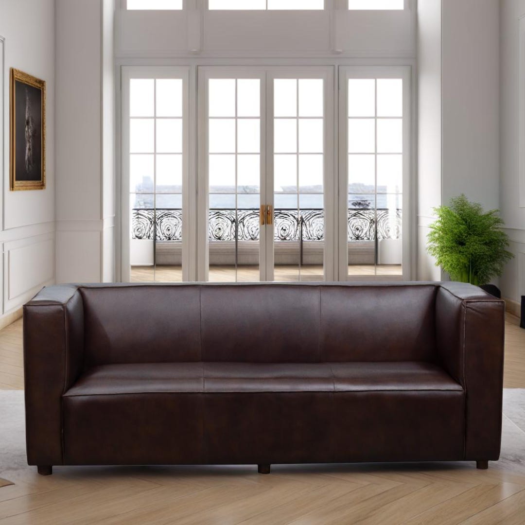 ミッドセンチュリーモダンレザーソファ：マンゴーウッドフレーム