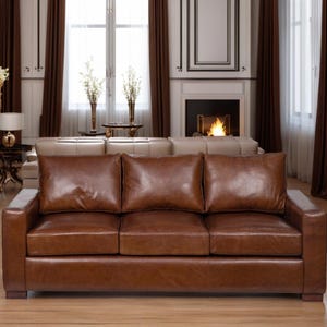 Leather Sofa Mid Century Modern for Living Room Decor - Interior Design Home Furniture Meridian Sofa - Mango Wood Finish Modern Sofa