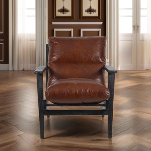Mid Century Home Furniture Leather Chair - Solid Mango Wood Frame Vanderbilt Armchair with Leather Cushions - Lounge Chair for Living Room