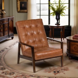 Midcentury Modern Lounge Chair for Living Room Decor - Everett Arm Chair with Brazil Cow Leather - Interior Design Wooden Chair for Bedroom
