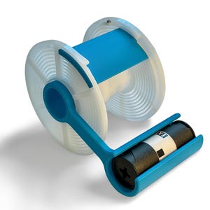 May include: A blue and white film developing tank with a roll of film. The tank has a blue handle and a white reel. The film canister is black with a white label.