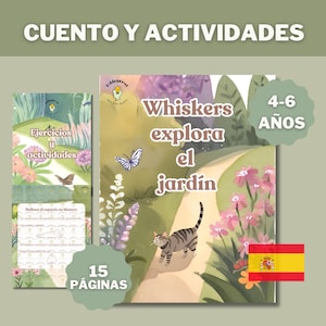 Whiskers Explora el Jardín: Un cuento con actividades. Conjunto 15 páginas descargables. Imprime en casa PDF, Libro infantil divertido.