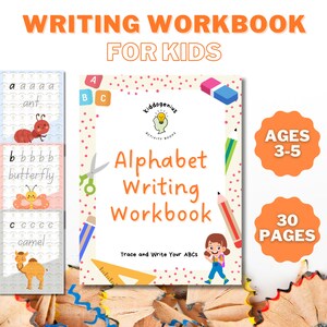 Livro de exercícios de escrita do alfabeto: um livro de atividades de escrita para crianças. Conjunto de 30 páginas para impressão. Imprima em casa PDF, apostila envolvente e educacional.