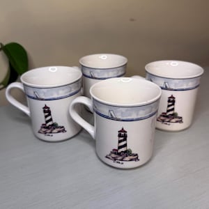 Set of 4 Nautical Lighthouse Coffee Mugs | Coastal Cottagecore Lighthouse Cups | Seaside Kitchenware | Fisherman’s Daughter Decor | Sailboat