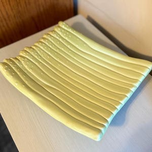 Puede incluir: Un plato de servir de cerámica verde claro con forma de espárragos. El plato tiene una superficie texturizada y es perfecto para servir aperitivos o entremeses.