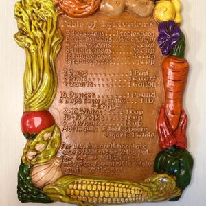 May include: A brown wooden kitchen plaque with a table of equivalents for cooking measurements. The plaque is decorated with colorful sculpted vegetables, including a carrot, a tomato, a green pepper, a corn cob, a potato, and a stalk of celery.