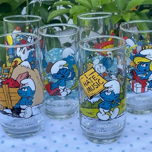 Gafas Pitufos Vintage / Juego de 6 / 1982 y 1983 Vasos Coleccionables