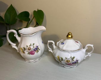 Creamer & Sugar Bowl Set | Mitterteich Bavaria “Meissen Floral” German Porcelain with Gold Trim | Floral Cottagecore Garden Tea Party
