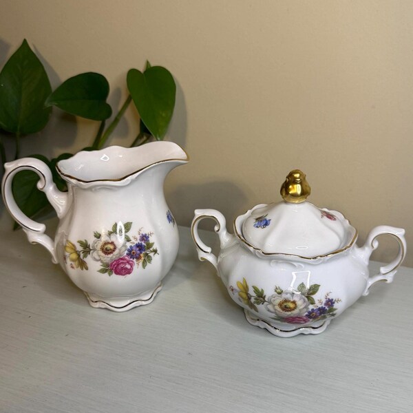 Creamer & Sugar Bowl Set | Mitterteich Bavaria “Meissen Floral” German Porcelain with Gold Trim | Floral Cottagecore Garden Tea Party