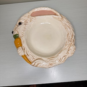 Unique Round Bunny Rabbit with Carrot Serving Plate | Easter Spring Cottage Kitsch | Whimsical Shallow Bowl | Dessert Plate