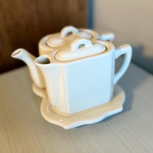 Tea for Two | Vintage Restoration Hardware 2001 | Tea or Coffee Pot and Creamer with Trivet Plate | French Inspire Kitchen Decor