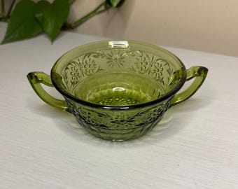 Vintage Indiana Glass Daisy Pattern | Double Handle Soup, Cup, or Candy Bowl Dish | Green Depression Glass Retro Avocado | Floral Pattern