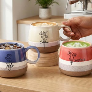 Personalized Matcha Name Mug with Birthflower, Engraved 14oz Ceramic Latter Cup with Kids Name, Custom Family Name Gift For Mother's Day