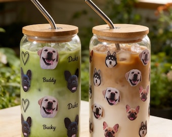 Tasse en verre personnalisée pour portrait d'animal de compagnie avec couvercle en bambou, Boîte en verre personnalisée avec tête de chien avec paille, Gobelet en verre à café glacé personnalisé 16 oz avec photo