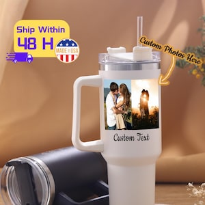 Kundenspezifischer 40-Unzen-Becher mit Strohhalm und Deckel, personalisierter Reisekaffeebecher mit Text, kundenspezifischer Fotobecher mit Griff, kundenspezifischer Becher mit Name