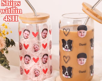 Vaso de cristal personalizado con cara de pareja, vaso de cristal personalizado con cara de bebé y texto, vaso de cristal con foto personalizada y tapa de bambú, vaso de café helado personalizado de 16 oz.