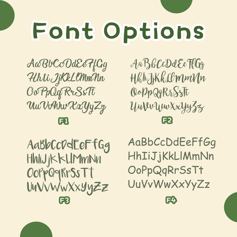 Peut inclure: Quatre options de polices diff&eacute;rentes sont affich&eacute;es sur un fond beige clair avec des cercles verts en haut et en bas de l'image. Les options de polices sont &eacute;tiquet&eacute;es F1, F2, F3 et F4. Chaque option de police affiche l'alphabet en minuscules.