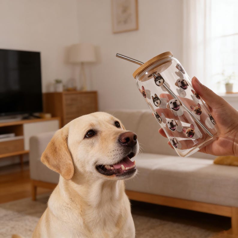 Puede incluir: Un vaso de vidrio transparente con tapa de bamb&uacute; y pajita de acero inoxidable, decorado con ilustraciones de varias razas de perros. Un Labrador Retriever amarillo mira hacia el vaso. El vaso es sostenido por una persona.