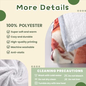 Peut inclure: Une couverture en polaire douce et blanche avec un imprim&eacute; abstrait color&eacute;. La couverture est 100% polyester et lavable en machine. Le texte "More Details" et "100% Polyester" est visible sur l'image. Le texte "Super soft and warm", "Cozy and durable", "High-quality printing", "Machine washable", et "Anti-static" est visible sur l'image. Le texte "Cleaning Precautions" est visible sur l'image. Le texte "Wash with cold water", "Do not bleach", "Do not dry clean", "Do not iron", et "Tumble dry with low heat" est visible sur l'image.