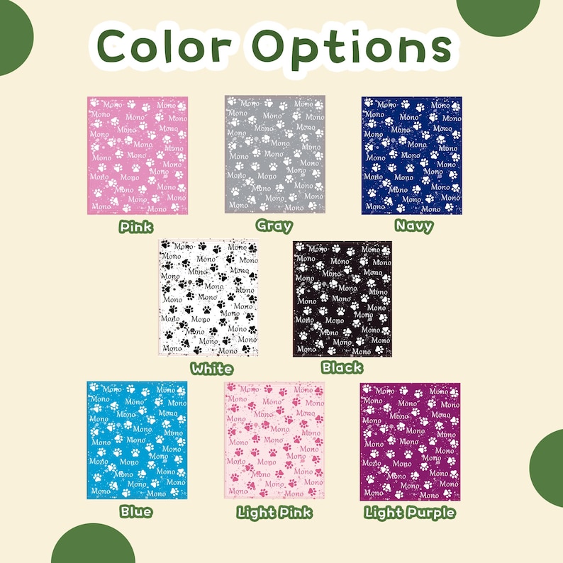 Peut inclure: Options de couleurs pour une couverture pour animaux de compagnie avec un motif d'empreintes de pattes. Les couleurs sont rose, gris, marine, blanc, noir, bleu, rose clair et violet clair.