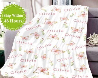 Custom Baby Blanket with Name, Personalized Baby Girl Blanket, Kid Name Blanket with Flower and Butterfly, Toddler Girl Gift, Christmas Gift