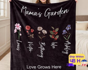 Benutzerdefinierte Geburtsblumendecke mit Namen, personalisierte Mamas Gartendecke, Kindernamendecke, Geburtsblumengeschenk für Mama, Muttertagsgeschenk
