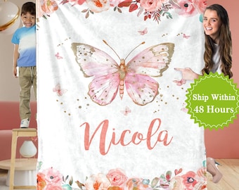 Custom Baby Name Blanket for Daughter, Personalized Baby Girl Blanket with Name, Floral Butterfly Blanket, Baby Shower Gift, Newborn Gift