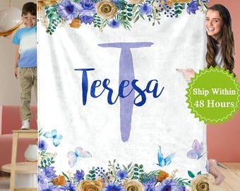 Personalized Baby Name Blanket , Custom Name Blanket for Baby Girl, Kid Name Blanket, Toddler Girl Blanket with Flower, Baby Shower Gift