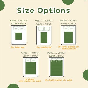 Peut inclure: Un tableau montrant diff&eacute;rentes tailles de couvertures avec leurs dimensions correspondantes en pouces et en centim&egrave;tres. Le tableau comprend &eacute;galement des suggestions d'utilisation pour chaque taille, comme pour un b&eacute;b&eacute;, un enfant en bas &acirc;ge, un enfant ou un adulte.