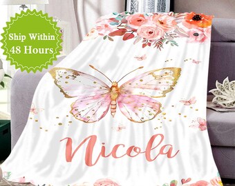 Personalized Custom Baby Name Flower Blanket, Custom Baby Name Blanket for Daughter, Newborn Girl Blanket, Xmas Baby Shower Blanket Gift