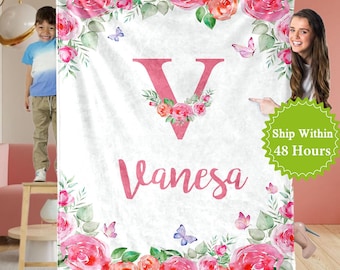Personalized Name Blanket , Custom Baby Blankets with Name, Baby Girl Blanket. Monogram Floral Blanket, Christmas Gift for Kid, Newborn Gift