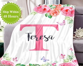 Custom Kid Name Blanket for Daughter, Personalized Baby Girl Blanket with Name, Floral Monogram Blanket, Best Birthday Gift, Baby Christmas