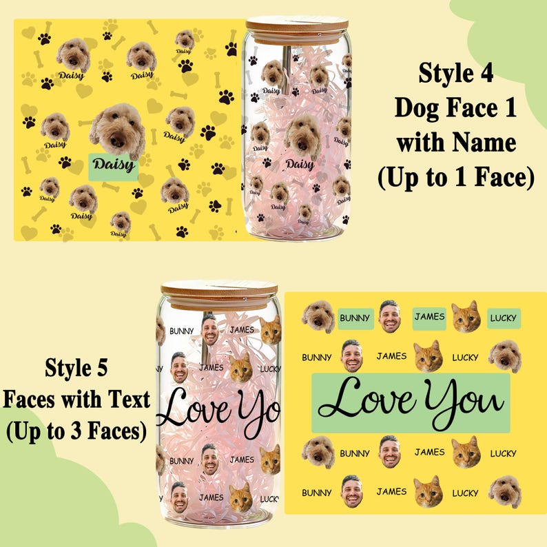 Puede incluir: Contenedor de bebidas de vidrio transparente con tapa de madera, con dise&ntilde;os personalizados de caras de perro y el nombre "Daisy". El dise&ntilde;o incluye huellas de patas y gr&aacute;ficos de huesos. Otro dise&ntilde;o muestra caras con el texto "Love You".
