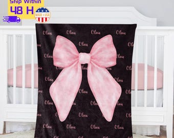 Personalized Baby Name Blanket, Custom Baby Girl Blanket with Name, Nursery Name Blanket with Pink Bow, Baby Shower Gift, Toddler Girl Gift