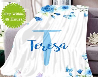 Personalized Kid Blanket with Name, Custom Baby Name Blanket with Flower, Floral Name Blanket, Newborn Girl Gift, Baby 1st Christmas Gift
