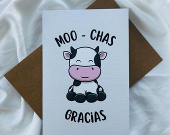 Tarjeta de felicitación "Muchas Gracias Vaca" – Juegos de palabras / Gracias / Español