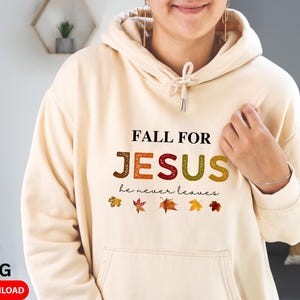 Enamórate de Jesús, él nunca te abandona. PNG para camiseta cristiana con temática otoñal.