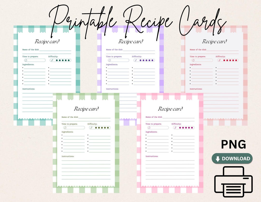 Recipe Cards, Recipe Tracker Cards, Printable Cooking Card Set - Etsy