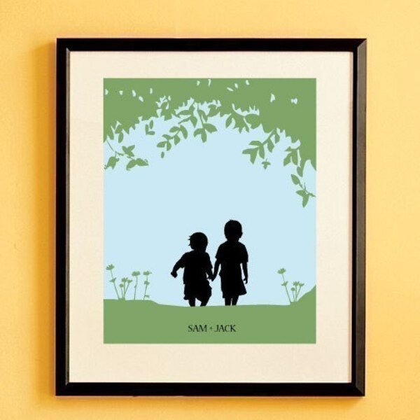 Walk with Me- Personalized Custom Siblings Silhouette Print 8x10