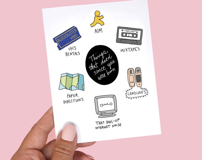 Funny Nostalgic Birthday Card for 80s 90s Kid Millennial Gen Z - Things That Died Since You Were Born