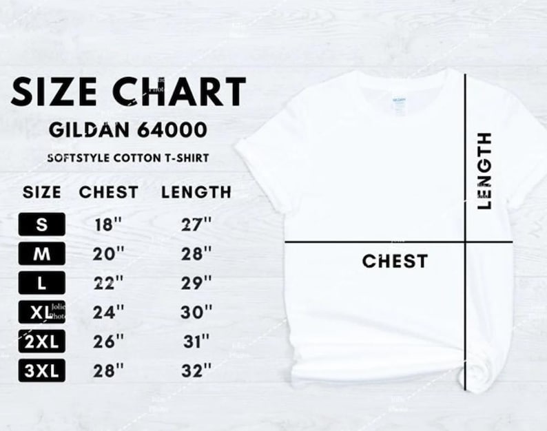 Puede incluir: Camiseta blanca Gildan 64000 Softstyle de algod&oacute;n con una tabla de tallas. La tabla enumera las medidas de pecho y largo en cent&iacute;metros para las tallas S a 3XL. Las medidas de pecho var&iacute;an de 45,7 cm a 71,1 cm, y los largos de 68,6 cm a 81,3 cm.