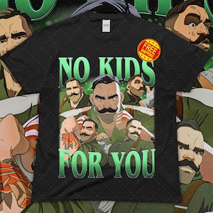 May include: Black t-shirt with a green graphic that reads "NO KIDS FOR YOU." The graphic features a cartoon illustration of a man with a large mustache and a military-style uniform. A "FREE SHIPPING" sticker is visible.