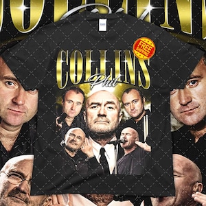 May include: Black t-shirt with a gold text design that reads "COLLINS Phil" and a collage of Phil Collins images. The shirt has a diamond pattern background and a "FREE SHIPPING" sticker.