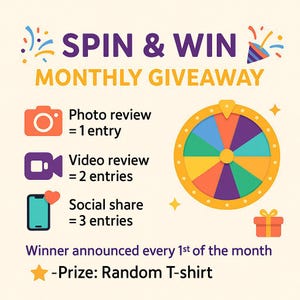 Puede incluir: Gr&aacute;fico promocional con el texto &laquo;SPIN & WIN MONTHLY GIVEAWAY&raquo;. Presenta una colorida rueda de premios, iconos para entradas de fotos, v&iacute;deos y redes sociales, y una caja de regalo. El texto indica un premio de camiseta aleatoria.