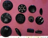 Large group of Black Glass buttons,incised,whistle,stars,imitation fabric