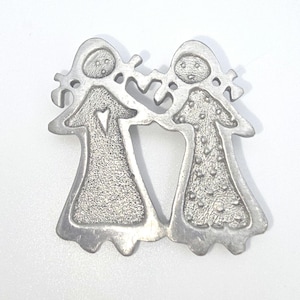 Vintage Pewter Sisters Brooch Designed by Cynthia Webb Carved Metal Art Signed. Gift for Jewelry Collectors.