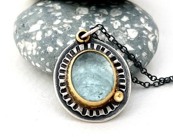 Aquamarine Necklace - 22K Gold and Sterling Silver Pendant