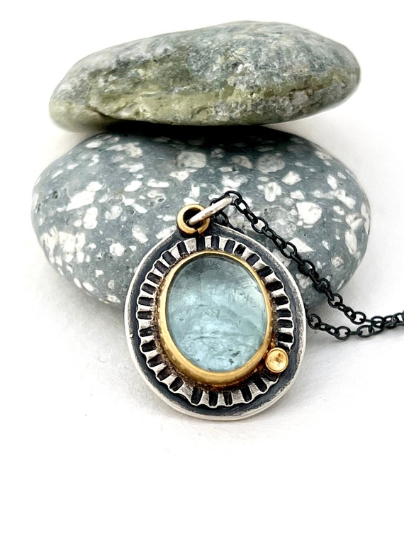 Aquamarine Necklace - 22K Gold and Sterling Silver Pendant
