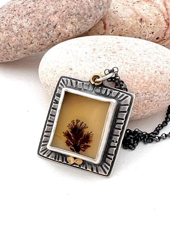 Square Dendritic Agate Necklace - Sterling Silver, 22K Gold